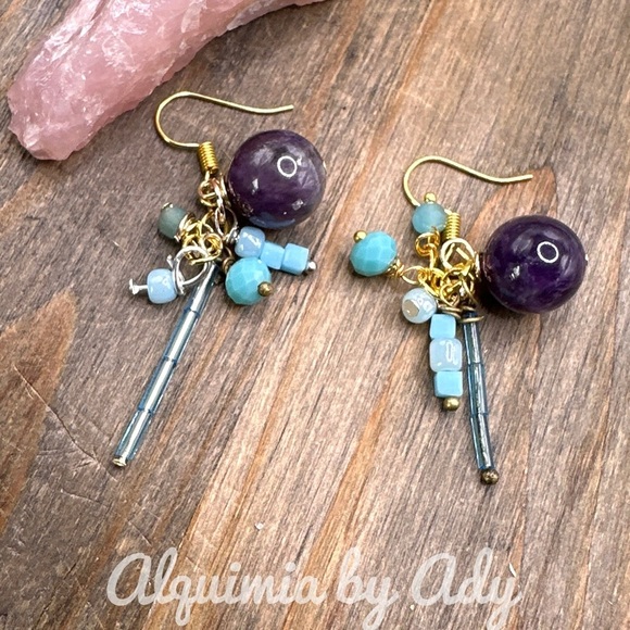 Amethyst big gold statement dangle long chandelier earrings - Picture 1 of 4